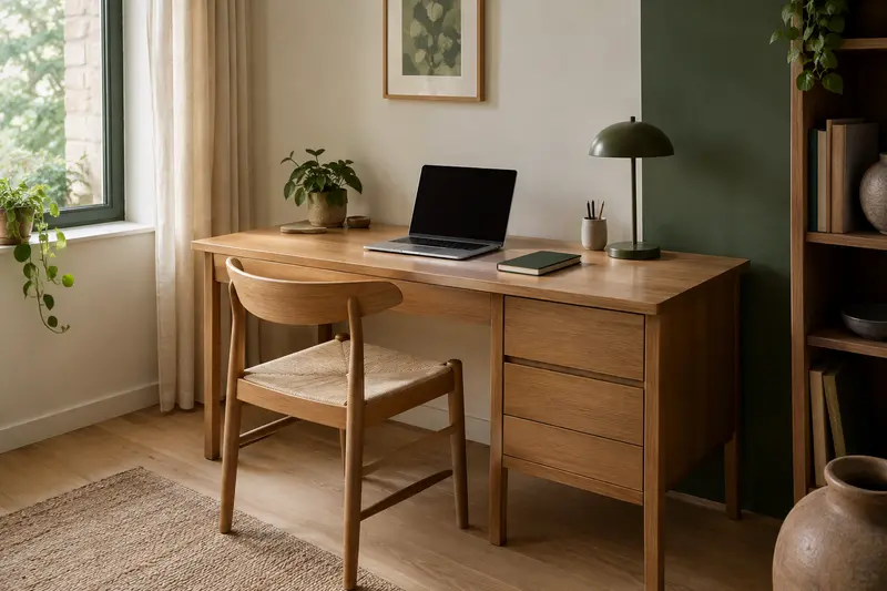 Bureau en bois aménagé dans un coin de travail lumineux