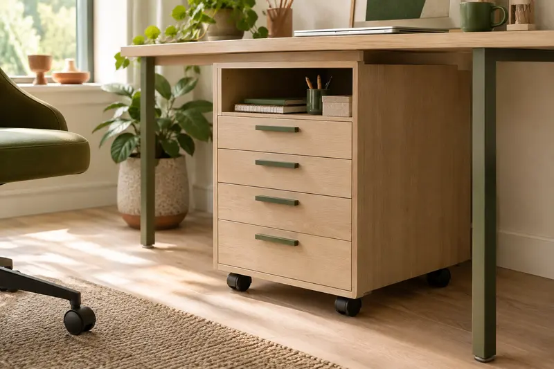 Caisson de bureau à tiroirs glissé sous un plan de travail