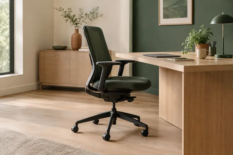 Chaise de bureau réglable devant un bureau en bois clair