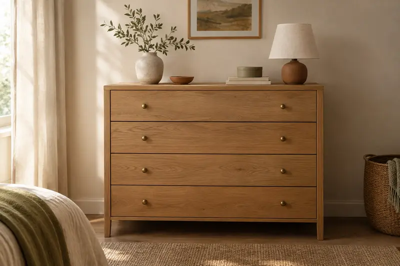 Commode à tiroirs en bois naturel dans une chambre lumineuse