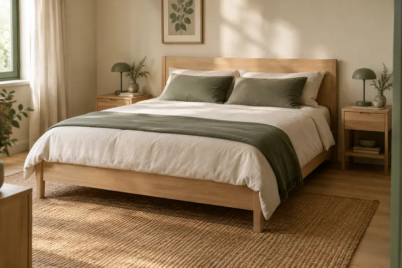 Lit double en bois clair dans une chambre aux tons crème
