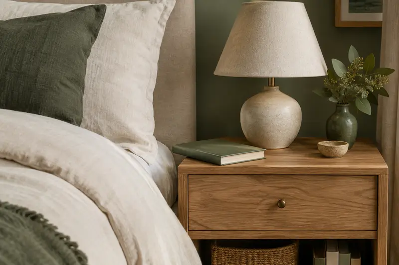 Table de chevet en bois avec tiroir près d’un lit