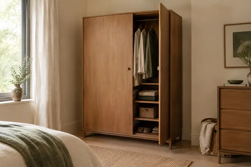 Armoire de rangement avec penderie dans une chambre claire