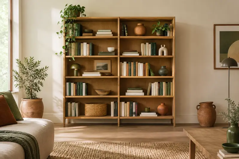 Bibliothèque ouverte en bois avec livres et objets décoratifs