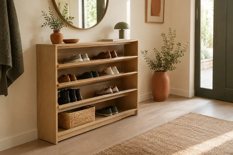 Meuble à chaussures peu profond installé dans une entrée claire