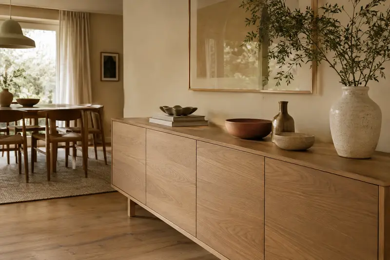 Buffet bas en bois dans une salle à manger aux tons doux