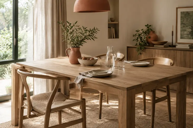 Table à manger en bois clair dressée simplement dans une pièce lumineuse