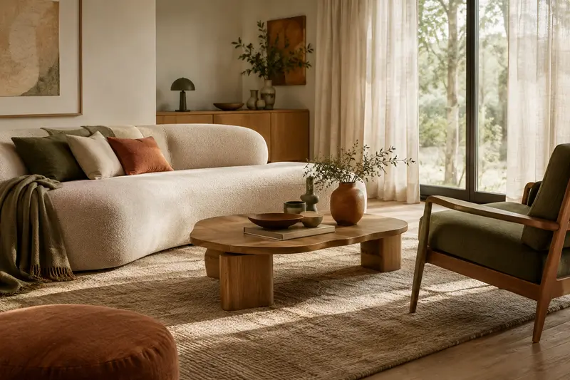 Salon lumineux avec canapé, fauteuil et table basse en bois