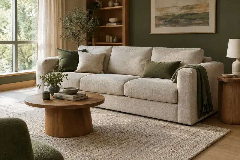 Canapé trois places en tissu dans un salon aux tons naturels