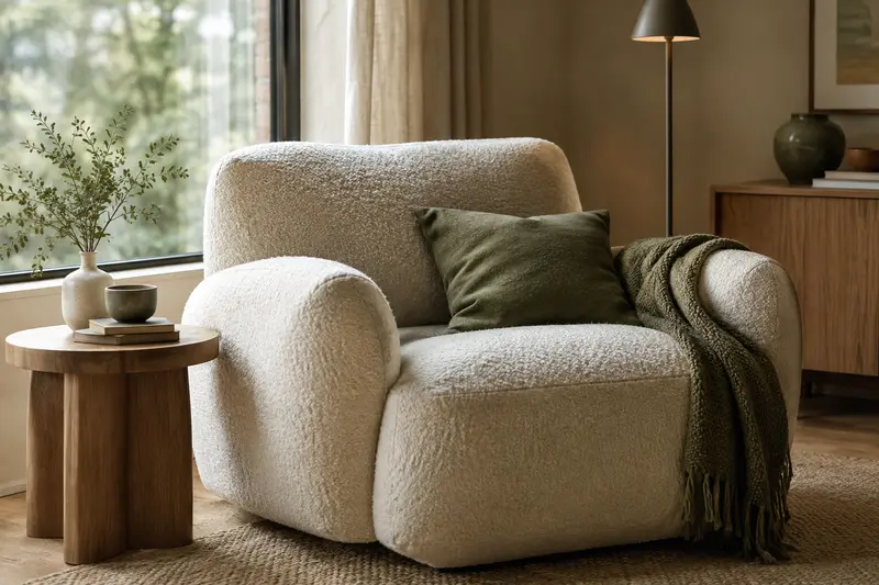 Fauteuil en tissu près d’une fenêtre dans un salon épuré