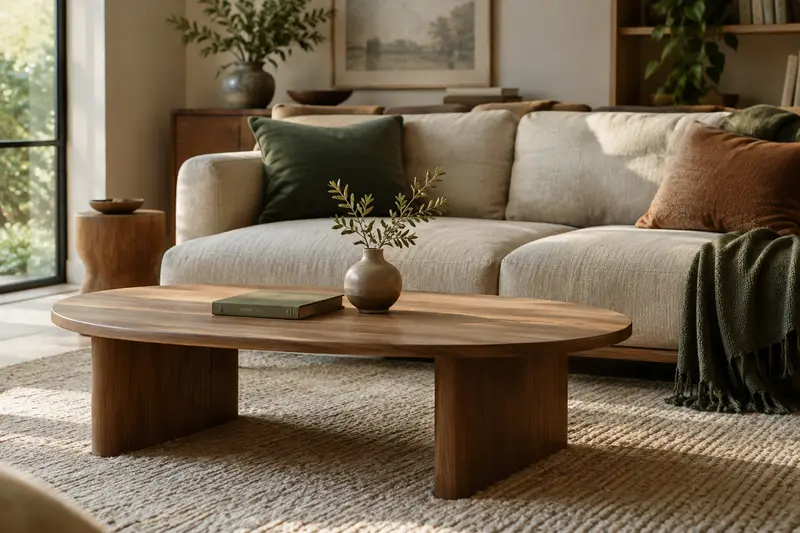 Table basse en bois devant un canapé dans un salon lumineux