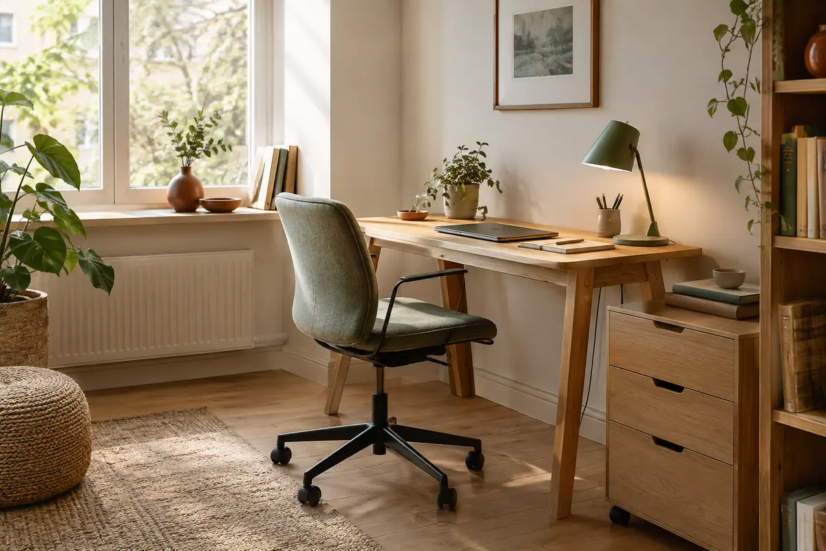Bureau à domicile avec chaise, rangement compact et accessoires organisés dans une pièce lumineuse