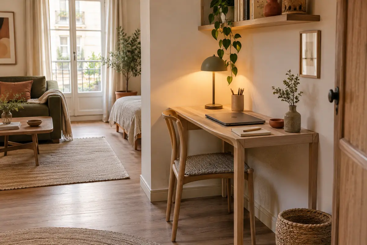 Bureau compact installé contre un mur, avec une chaise rangée sous le plateau et un passage dégagé.