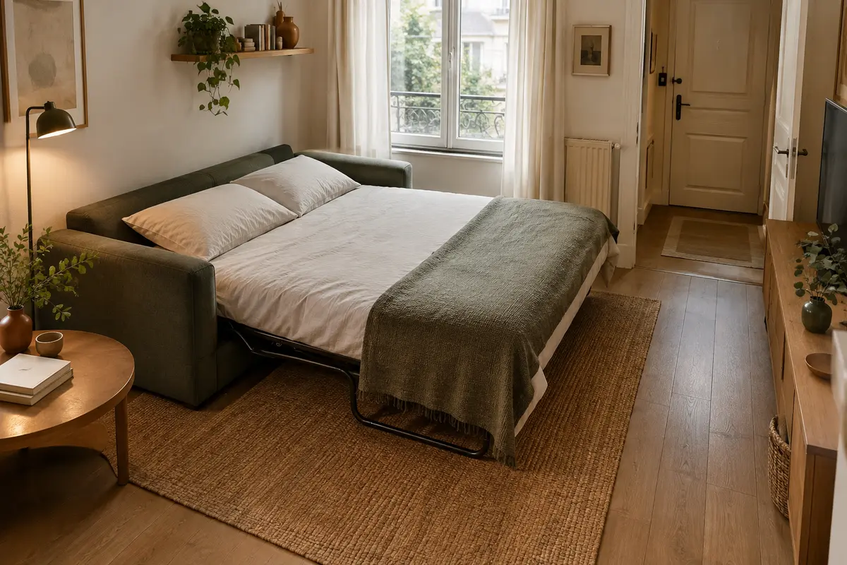Canapé convertible ouvert dans un petit salon, avec l’espace de circulation visible autour du couchage.