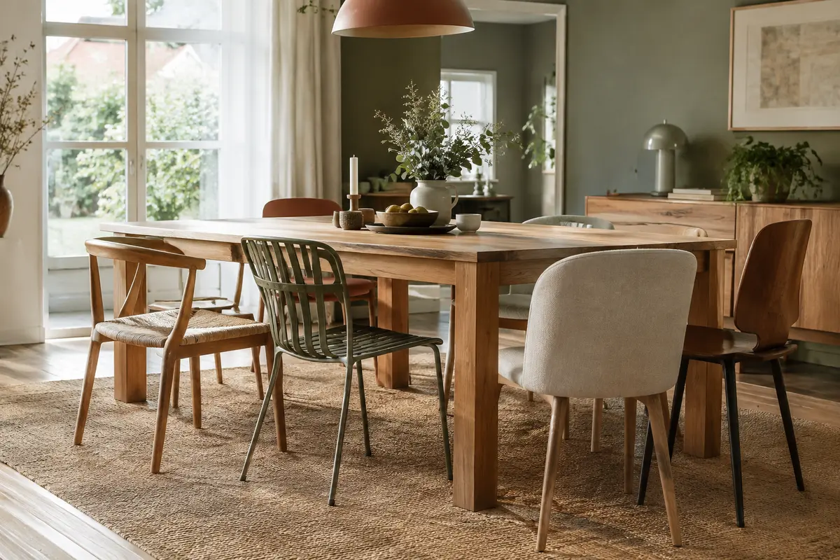 Table en bois entourée de chaises dépareillées aux formes et matières assorties dans une salle à manger lumineuse