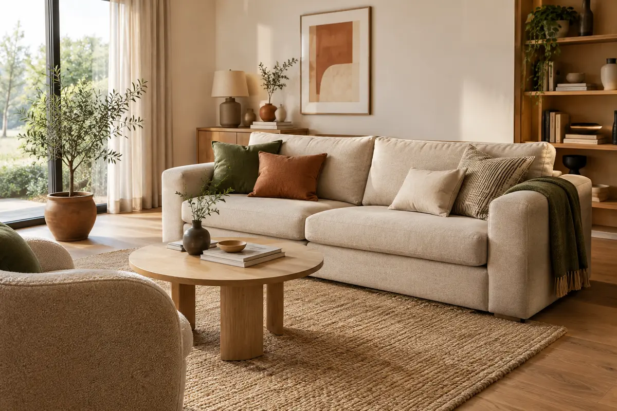 Canapé en tissu dans un salon familial lumineux, avec coussins et espace de circulation dégagé