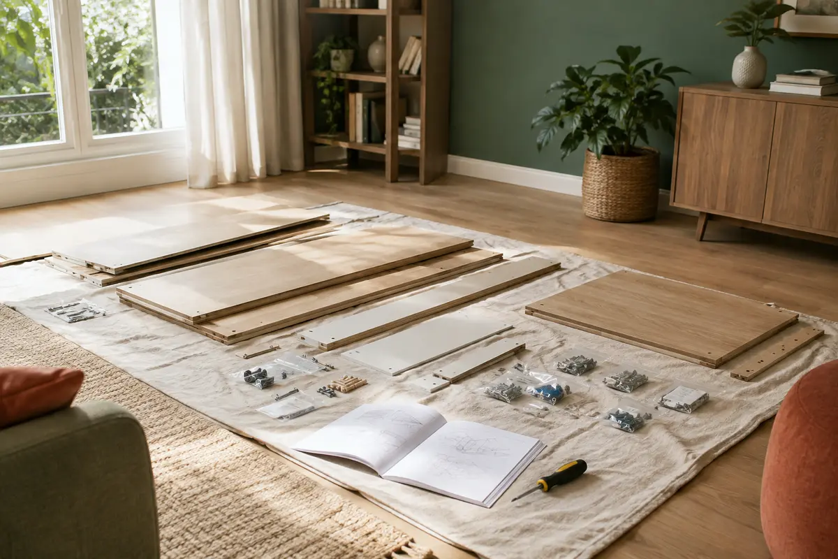 Panneaux et pièces d’une commode en kit disposés près d’une notice et d’outils de montage