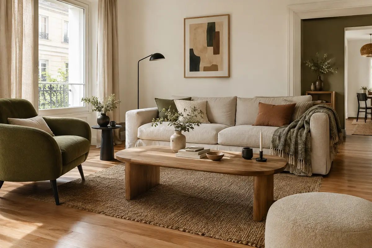Petit salon associant canapé beige, fauteuil vert olive et table basse en bois naturel