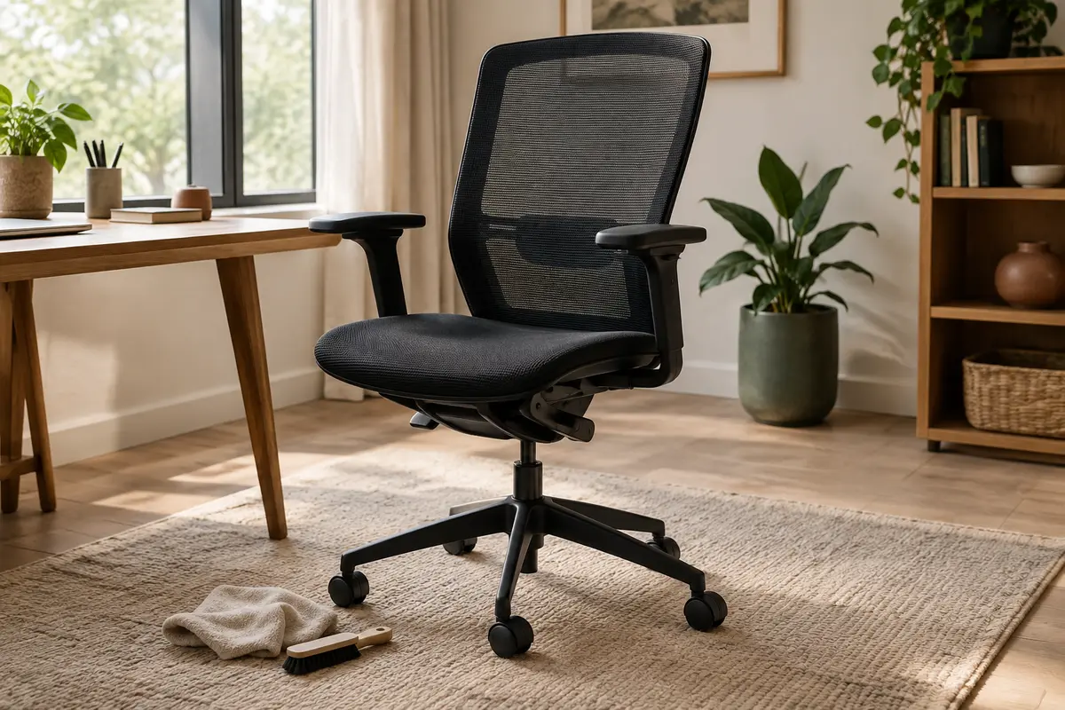 Chaise de bureau en maille avec roulettes dégagées et accessoires doux pour son entretien régulier.