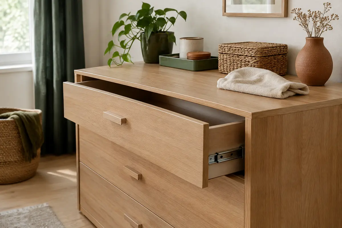 Commode stable avec un tiroir entrouvert laissant voir ses glissières, prête à être inspectée.