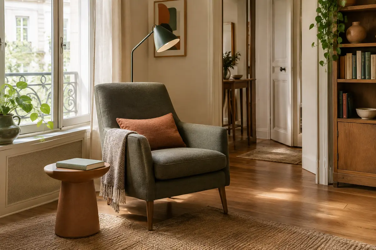 Fauteuil de lecture compact installé près d’une fenêtre, avec lampe et passage dégagé dans un petit salon.