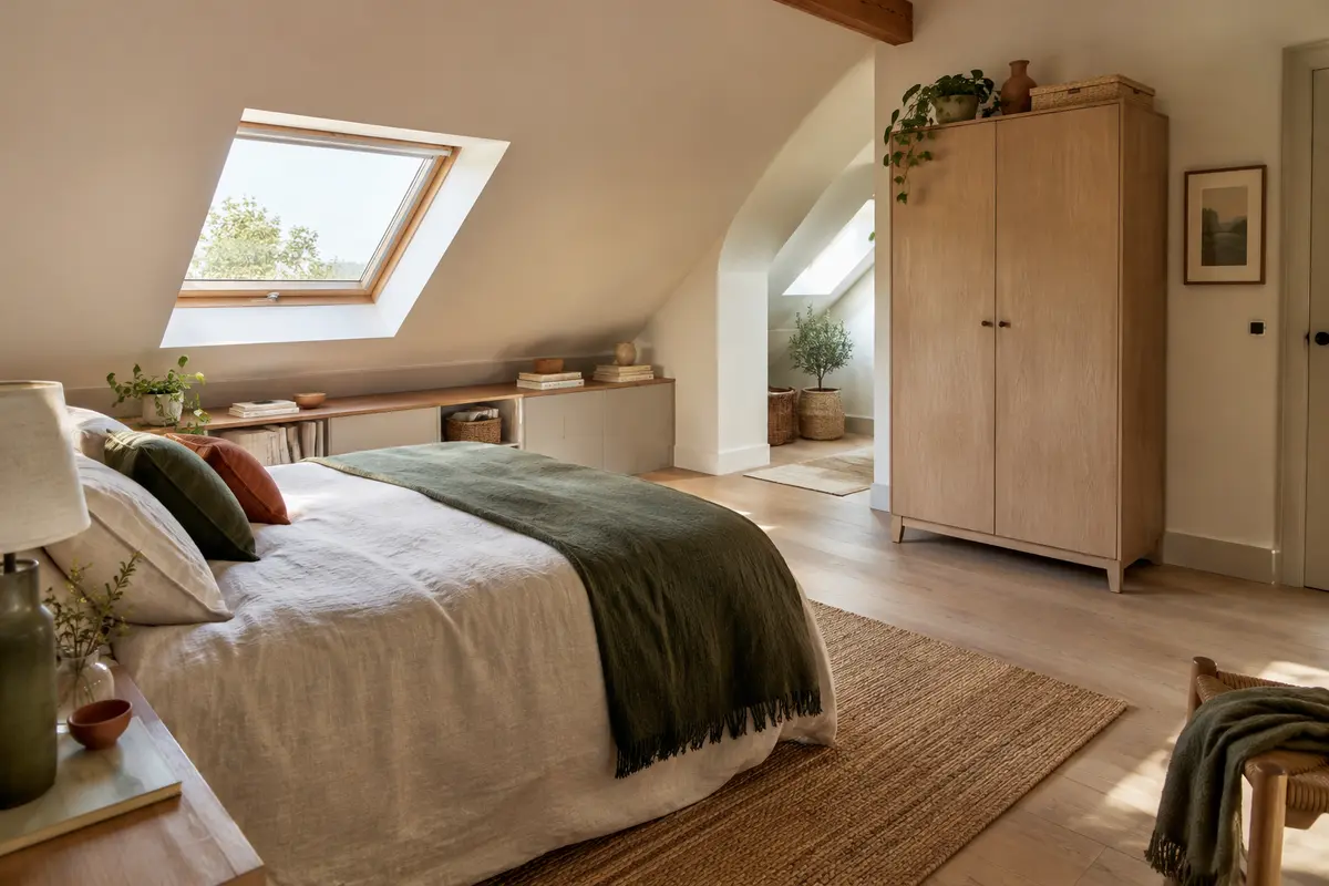 Armoire placée contre un mur droit dans une chambre mansardée lumineuse, sans gêner la fenêtre ni le passage.