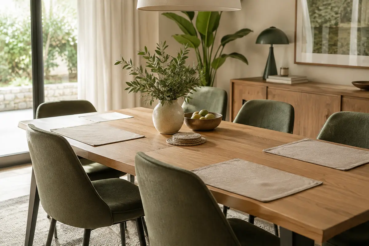 Table familiale au plateau facile à nettoyer, dressée avec des sets et un dessous-de-plat