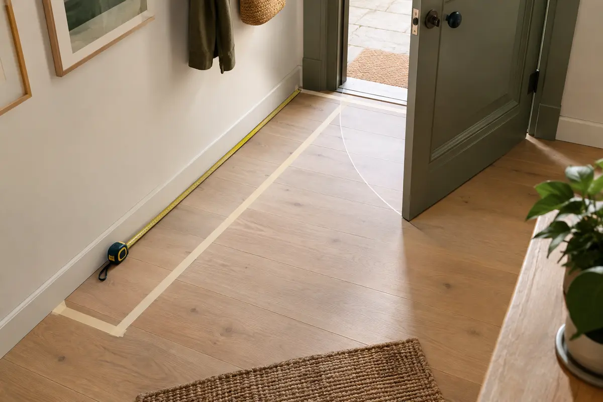 Mesures au sol dans une entrée avec plinthes, porte entrouverte et emplacement tracé pour un meuble à chaussures.