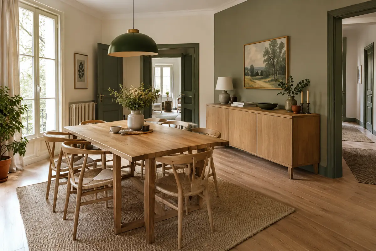 Salle à manger avec buffet bas placé le long d’un mur et passage dégagé autour des chaises