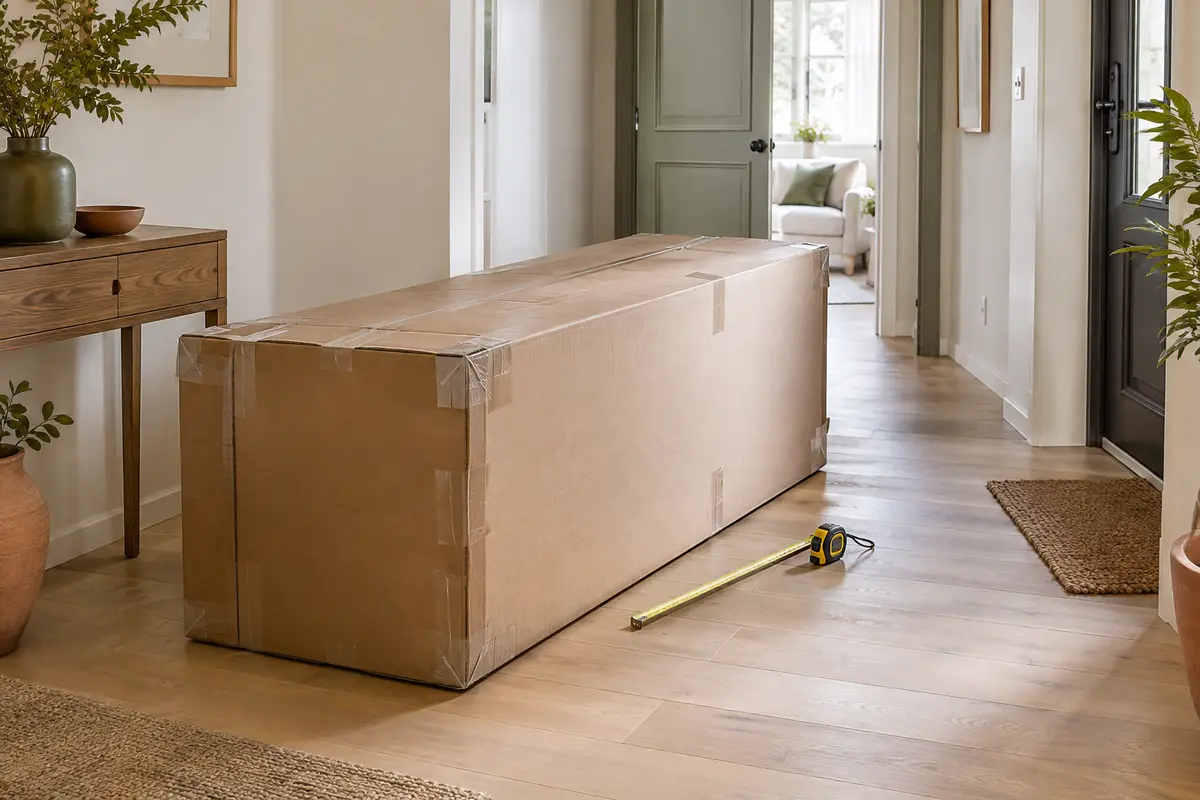 Colis de meuble dans une entrée dégagée, avec un mètre ruban pour vérifier le passage.