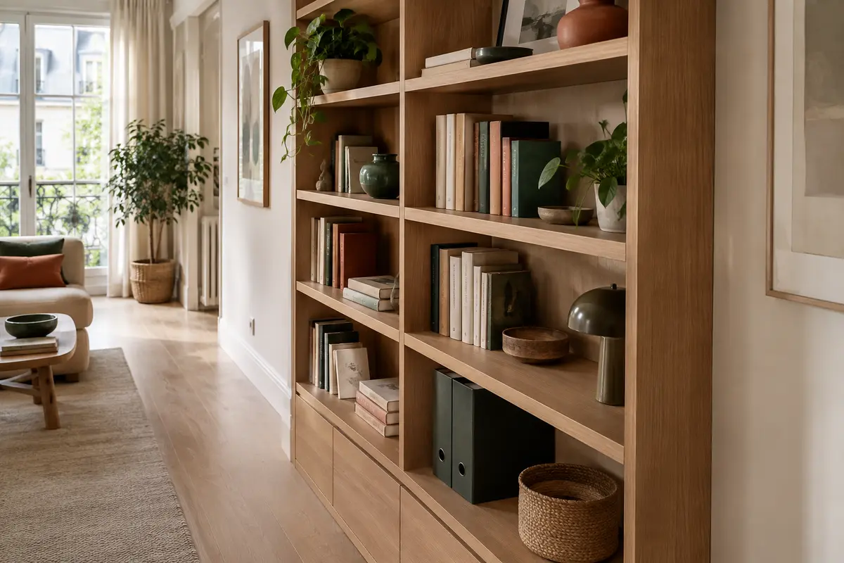 Bibliothèque peu profonde avec livres, classeurs et objets décoratifs, laissant le passage dégagé dans la pièce.