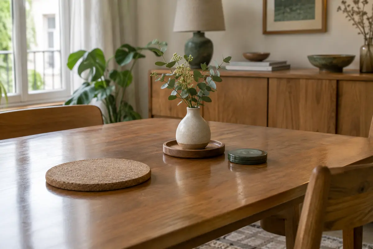 Table en bois protégée par un dessous de plat, un sous-verre et un support sous un vase