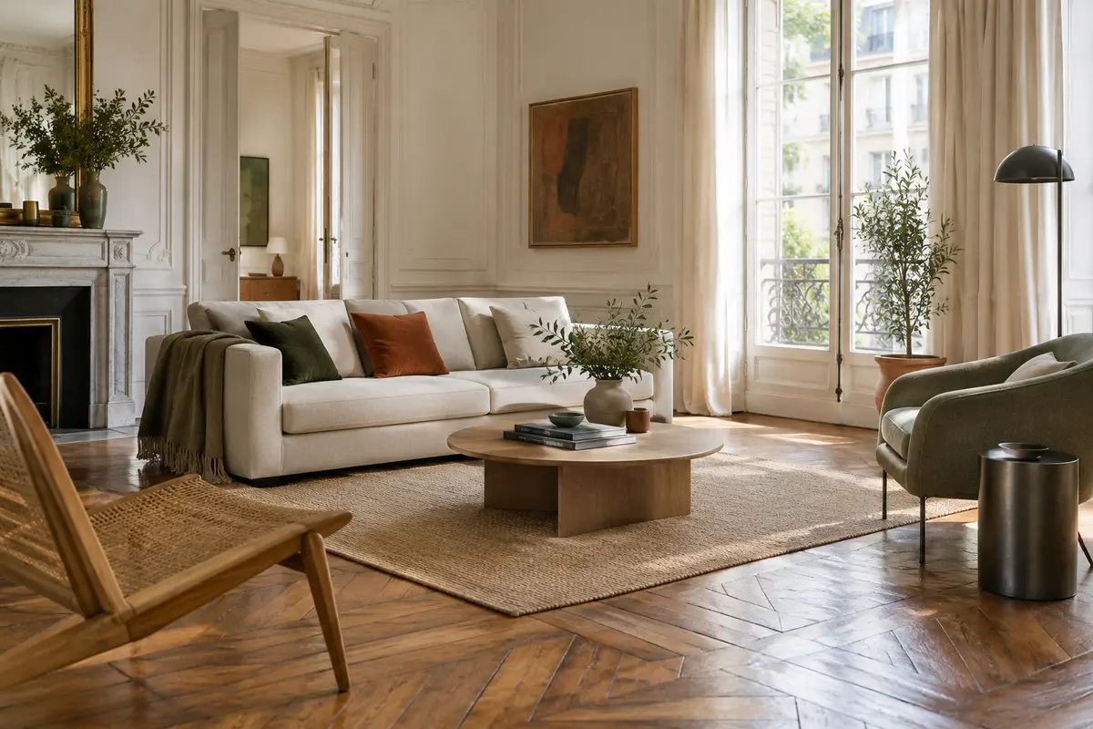 Salon contemporain aux meubles sobres mettant en valeur la patine et le motif d’un parquet ancien
