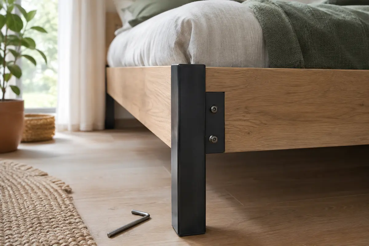 Gros plan sur une fixation de cadre de lit à contrôler, avec une clé manuelle posée à proximité.