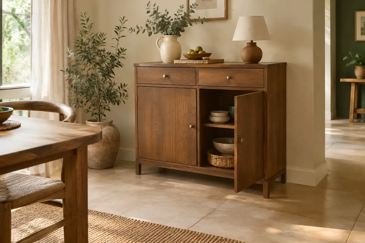 Buffet Bealife compact avec deux tiroirs et deux portes, présenté dans une salle à manger lumineuse.