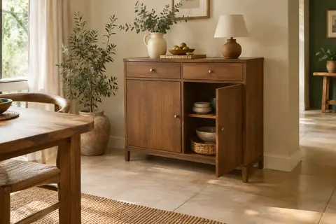 Buffet Bealife compact avec deux tiroirs et deux portes, présenté dans une salle à manger lumineuse.