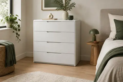 Commode blanche Bealife à quatre tiroirs, poignées intégrées et finition sobre dans une chambre lumineuse.