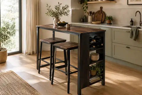 Table haute rétro noire avec deux tabourets, deux étagères ouvertes et rangement intégré