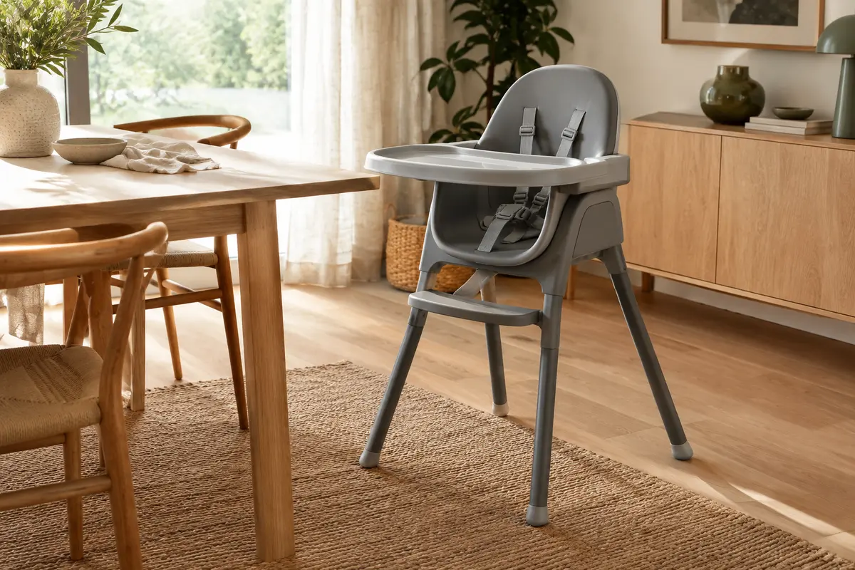 Chaise haute convertible grise Bebeconfort Meely avec plateau et repose-pieds dans une salle à manger.