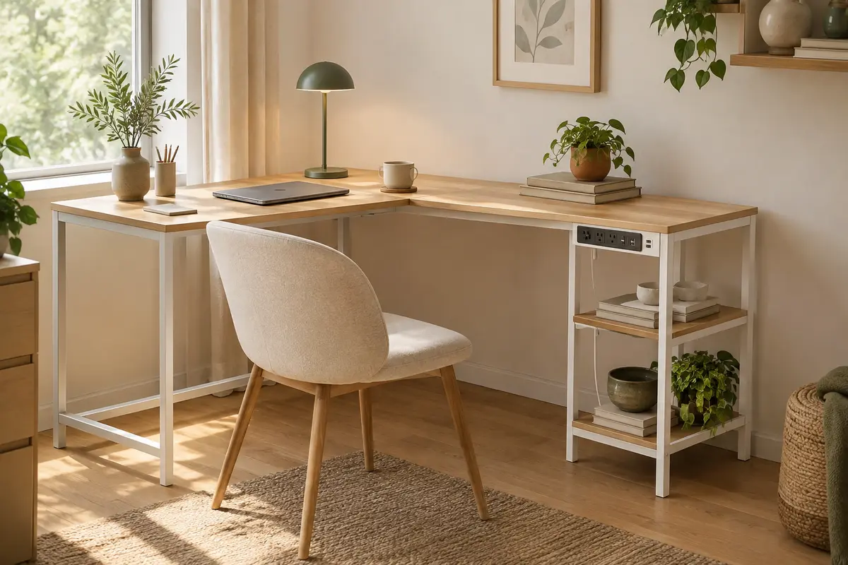 Bureau d’angle blanc avec deux étagères ouvertes et multiprise intégrée dans un intérieur lumineux.