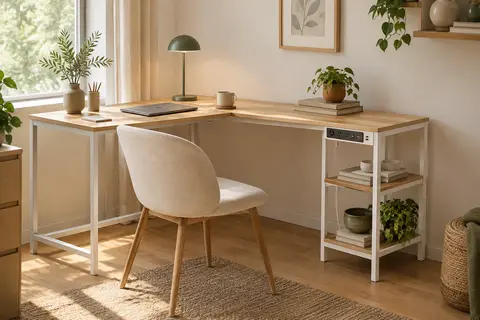 Bureau d’angle blanc avec deux étagères ouvertes et multiprise intégrée dans un intérieur lumineux.
