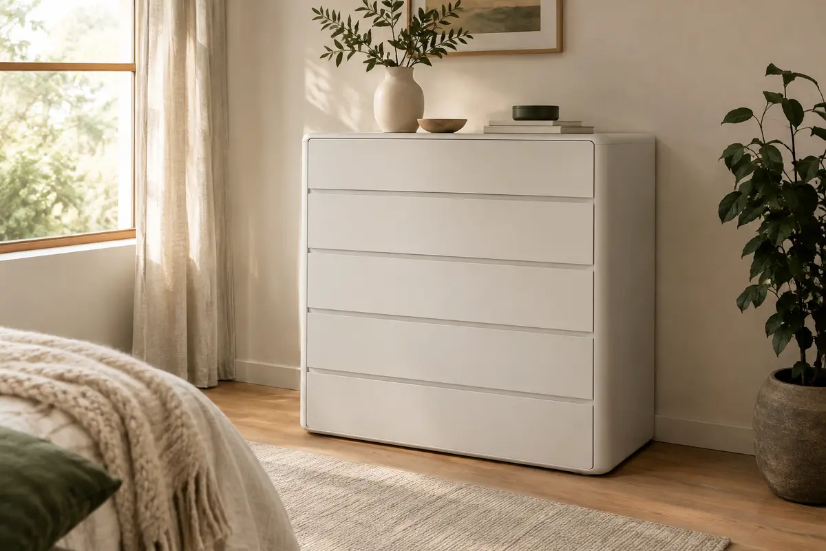 Commode blanche mate Blishom à cinq tiroirs dans une chambre claire au décor chaleureux