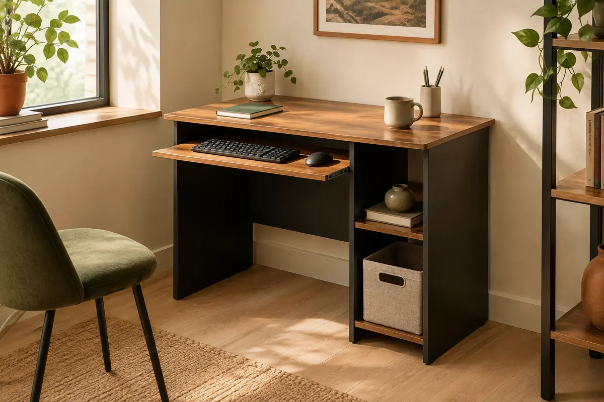 Bureau compact à finition pin ambré et noire, avec plateau clavier coulissant, étagères et bac textile.