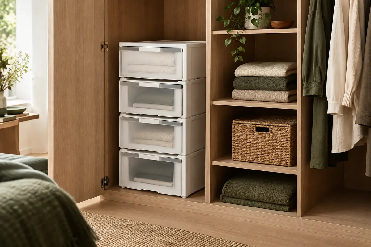Quatre modules de rangement blancs en plastique empilés dans une armoire de chambre