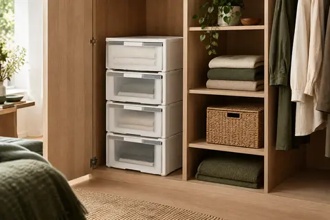 Quatre modules de rangement blancs en plastique empilés dans une armoire de chambre