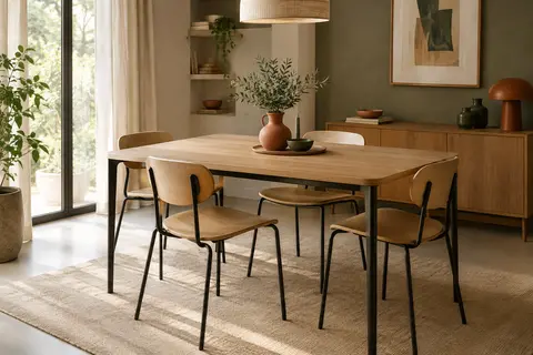 Table rectangulaire finition hêtre accompagnée de quatre chaises sur une structure en métal noir.