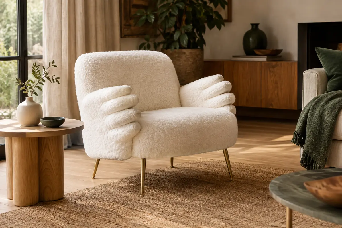 Fauteuil blanc en fausse fourrure avec dossier rembourré et pieds en métal doré dans un salon lumineux
