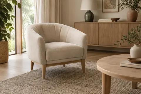 Fauteuil de salon beige en lin avec dossier et accoudoirs rembourrés et pieds en bois
