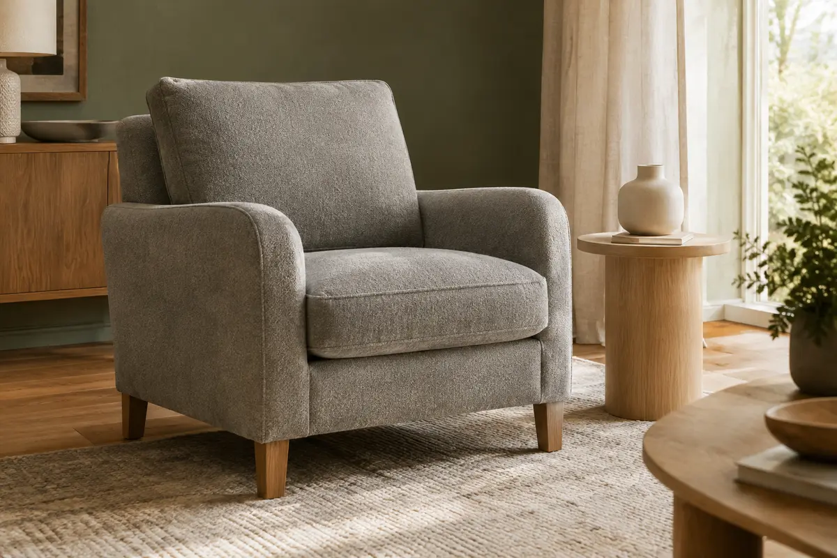 Fauteuil gris en chenille avec dossier haut, accoudoirs arrondis et pieds droits en bois.