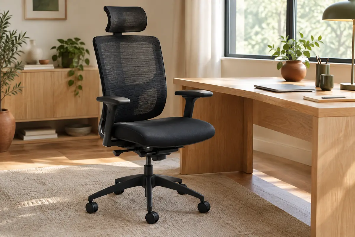 Chaise de bureau noire à dossier en maille, appui-tête réglable et base pivotante à roulettes dans un bureau chaleureux.